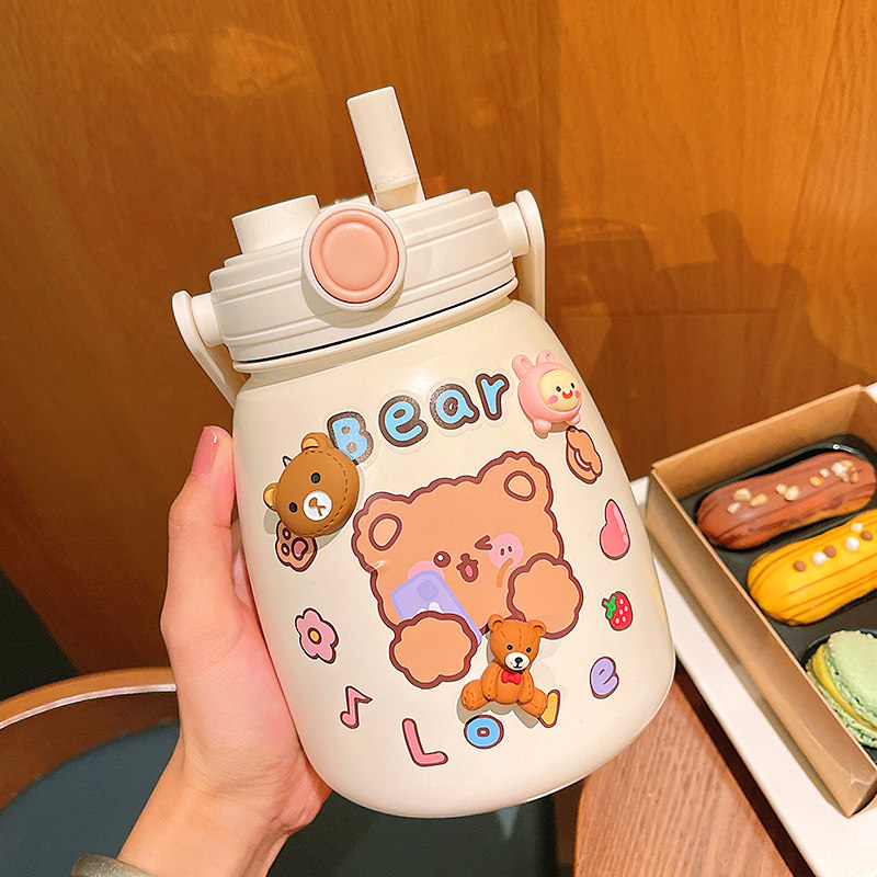 Double-drink mug ladies high-value cup with messenger straw water cup children's cute student portable water bottle
