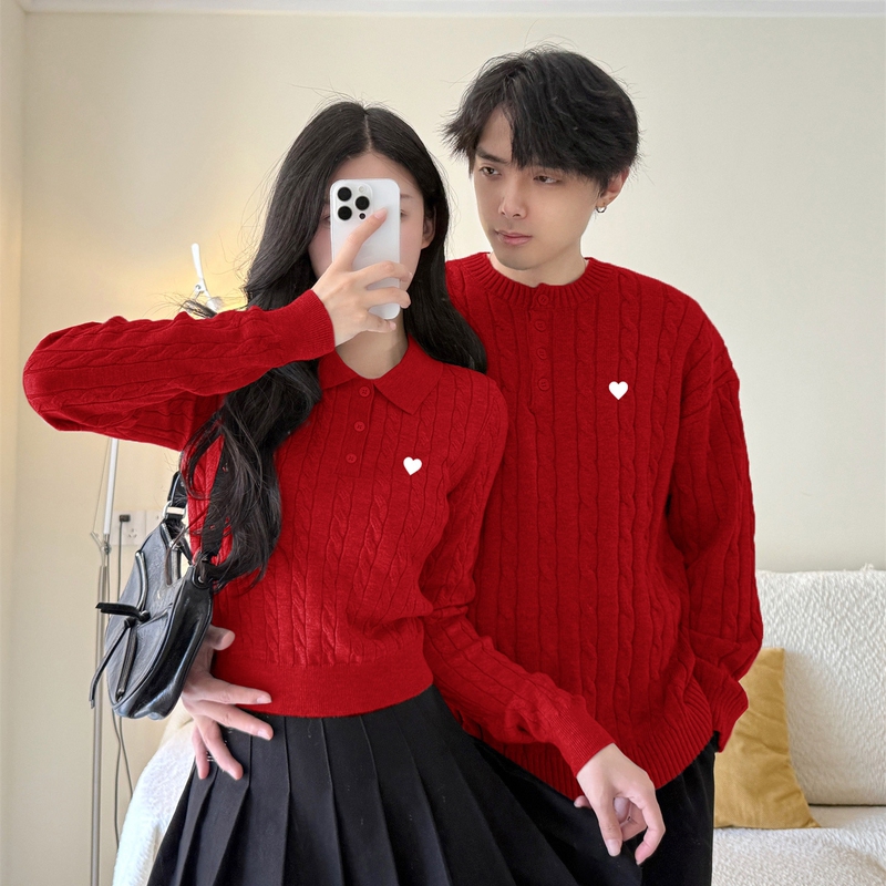 Couple's Clothing Autumn and Winter New Style Red Twist-Knit Sweater Men and Women Loose High-End Suit New Year's Zodiac Year