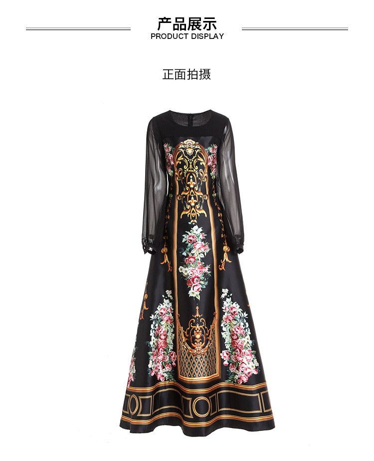 Mùa thu 2021 phong cách mới của phụ nữ châu Âu và Mỹ với bông lớn đan chéo cổ tròn voan dài tay in hình cung điện - Váy dài