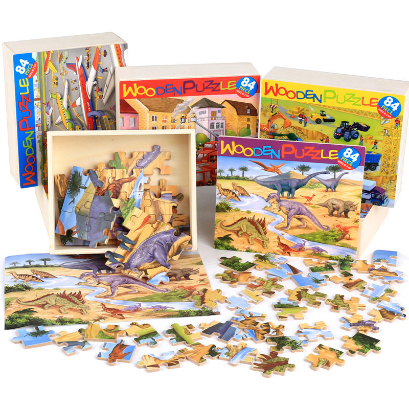 Children's Jigsaw Puzzle 84 Pieces Wooden Boxed Early Education Puzzle Car Dinosaur Puzzle Wooden Toy Puzzle Board 4-6-9 Years Old