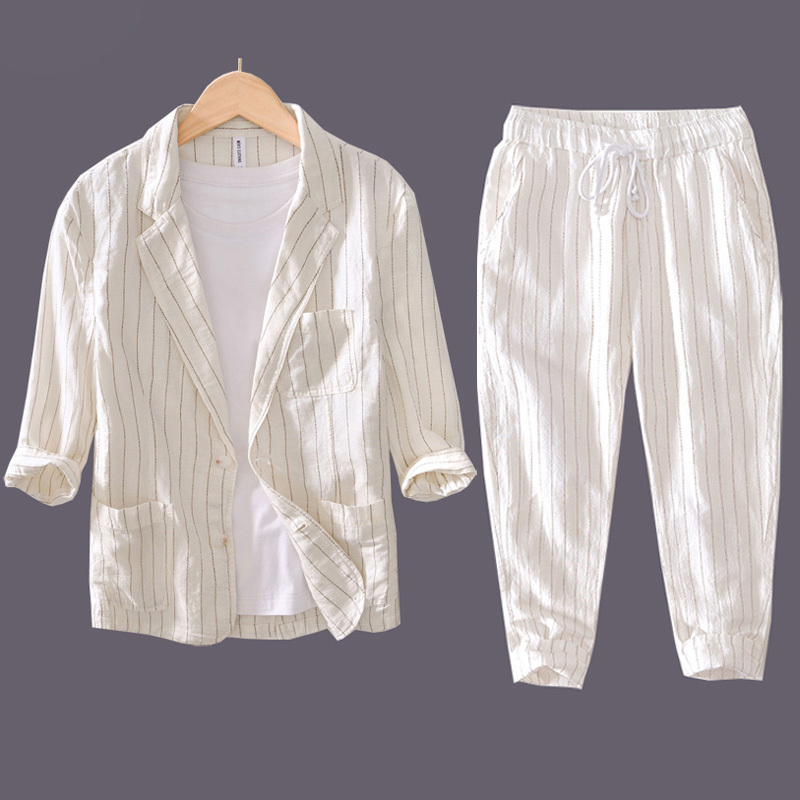 Linen Suit Set for Men, Spring and Autumn, White Striped Casual Cotton-Linen Suit Jacket, Men's Summer Thin Style