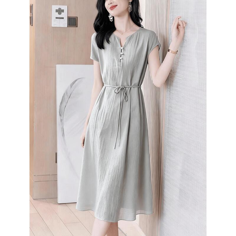 High-End Elegant Dress 2026 Summer New Short-Sleeved Holiday Comfortable Lightweight Breathable Linen Mid-Length Dress High-End Elegant Dress 2026 Summer New Short-Sleeved Holiday Comfortable Lightweight Breathable Linen Mid-Length Dress