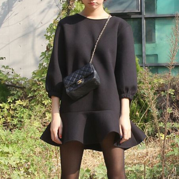 Autumn and winter loose a-line large size mermaid skirt space cotton dress ruffled three-quarter sleeves slim round neck tutu skirt