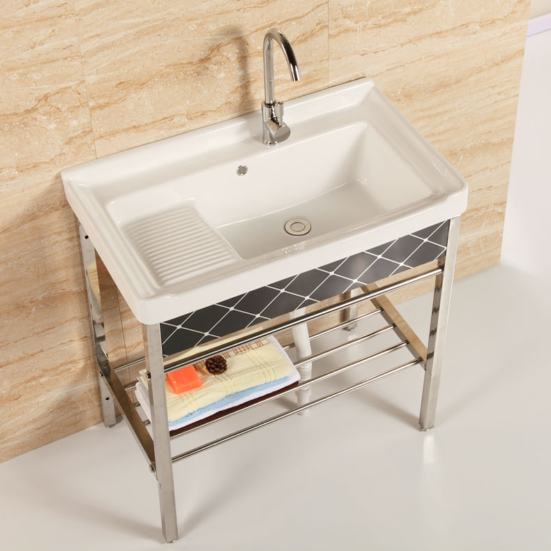 Ceramic Laundry Basin Stainless Steel Bracket Laundry Pool Balcony Sink With Washboard Integrated Table Basin Home Floor