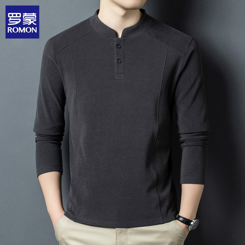Romon Long-Sleeved Sweatshirt Men's Stand-Up Collar Base Shirt 2026 Autumn and Winter Men's Casual Elastic Henley Collar T-Shirt Dark Gray Romon Long-Sleeved Sweatshirt Men's Stand-Up Collar Base Shirt 2026 Autumn and Winter Men's Casual Elastic Henley Collar T-Shirt Dark Gray