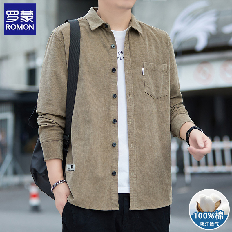 Romon 100% Pure Cotton Long-Sleeve Shirt for Men, Turn-Down Collar, Casual Button-Up Cardigan, Japanese Workwear Style, New Spring and Autumn Model Romon 100% Pure Cotton Long-Sleeve Shirt for Men, Turn-Down Collar, Casual Button-Up Cardigan, Japanese Workwear Style, New Spring and Autumn Model