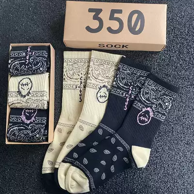Ghost face label cashew flower socks high tube custom black face pattern with AF1AJ men and women three pairs gift box