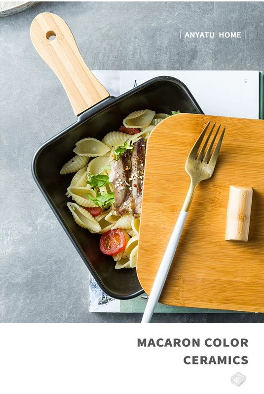 Món ăn sáng tạo Bắc Âu Đĩa bít tết bằng gốm với tay cầm bằng gỗ Bộ đồ ăn phương Tây Đĩa phương Tây Đĩa sâu lớn Dung tích lớn - Đồ ăn tối