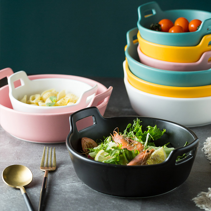 Nordic household ceramic bowl heat-resistant large creative fruit bowl binaural Japanese tableware soup bowl personality salad bowl