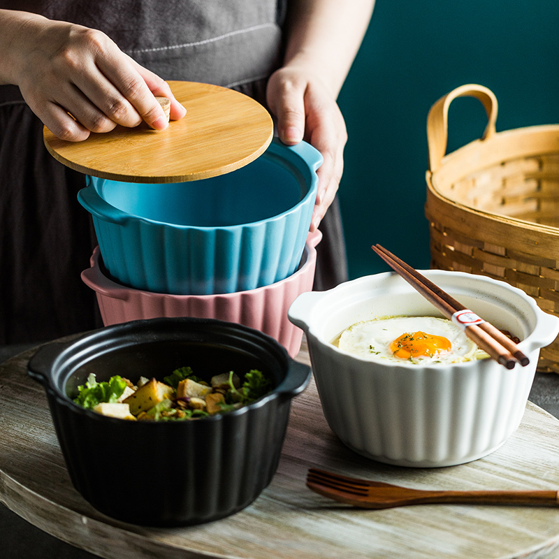Nordic instant noodle bowl with lid creative soup bowl household ceramic bowl instant noodle bowl ramen bowl ceramic double ear bowl instant noodle artifact