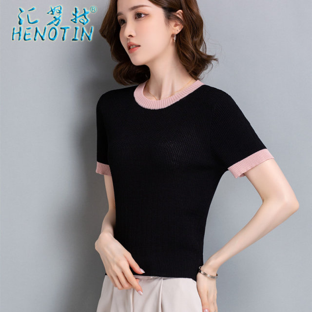 ເສື້ອຍືດແຂນສັ້ນ Huinute Ice Silk T-shirt ຜູ້ຍິງໃສ່ໃນລະດູຮ້ອນທີ່ມີກະໂປງທາງເທິງບາງໆແບບຕາເວັນຕົກຖັກດ້ານລຸ່ມເທິງ