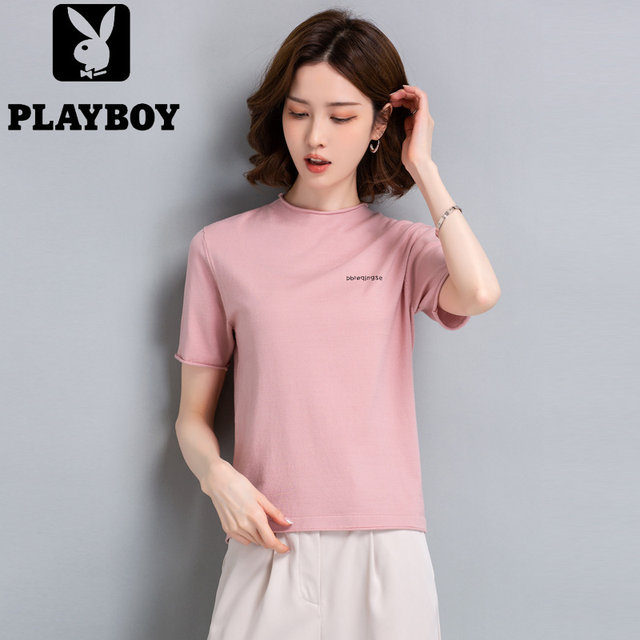 ເສື້ອຍືດແຂນສັ້ນ Playboy ice silk ແມ່ຍິງ summer mulberry silk top breathable ບາງໆ knitted bottoming shirt