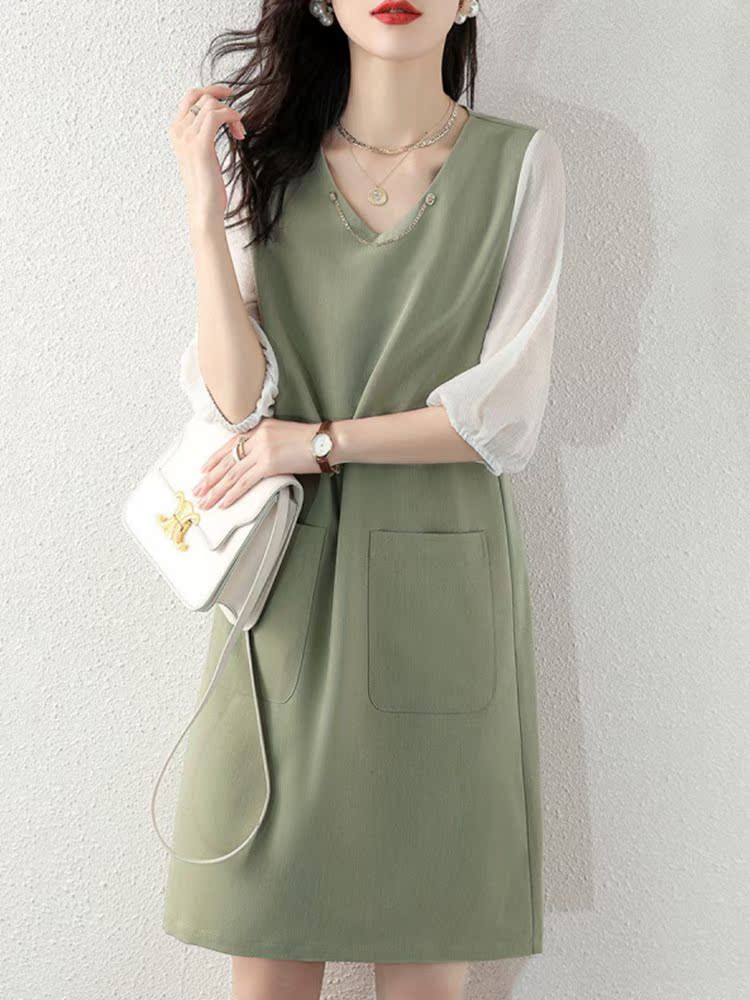 Sandro selen spring and summer must-have~new green temperament three-point sleeve V-neck loose thin straight skirt