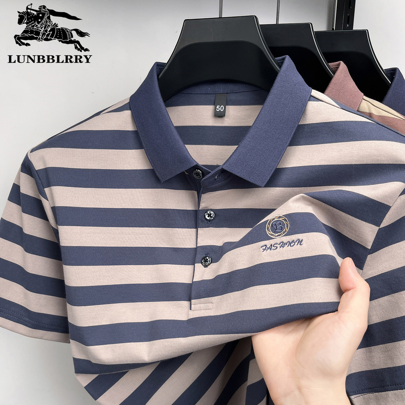 Brand British Burberry Men's Short-Sleeved T-Shirt 2026 Summer New Pure Cotton Polo Shirt Striped Top