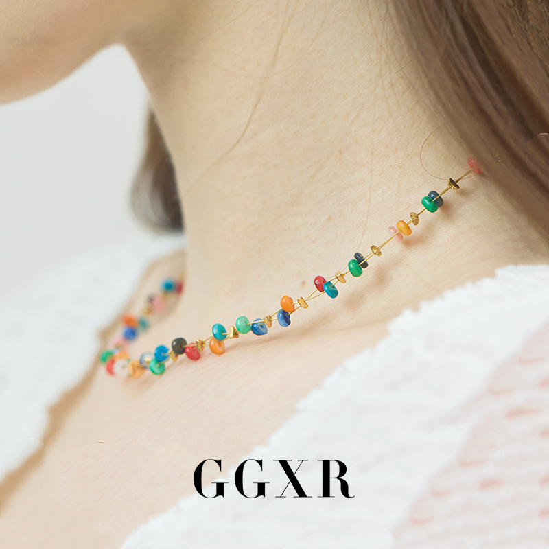 Ggxr Holiday Style Colorful Stone Shell Necklace Clavicle Chain