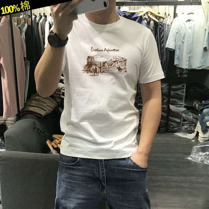 Short-Sleeved T-Shirt for Men 2026 New Summer Pure Cotton Round Neck Half-Sleeve Top Trendy Retro Western Cowboy Men's Clothing