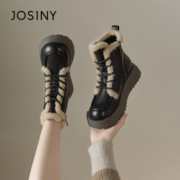 Zhuoshini autumn and winter genuine women's short boots, round toe thick-soled casual boots, warm, fashionable, slimming and versatile