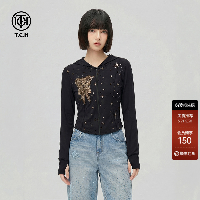Tch Rhinestone Bear Hooded Zip-Up Cardigan for Women, 2026 Spring/Summer New Style, Black Slim Fit, Sun-Protective Jacket Tch Rhinestone Bear Hooded Zip-Up Cardigan for Women, 2026 Spring/Summer New Style, Black Slim Fit, Sun-Protective Jacket