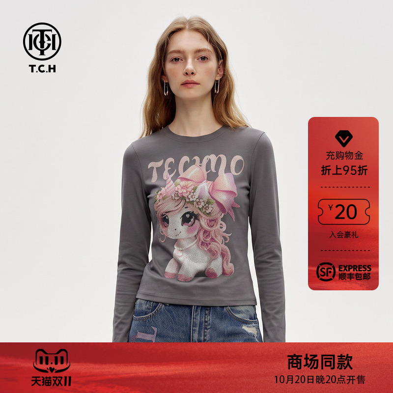 Tch Heavy Industries Unicorn Rhinestone Slim Fit Long Sleeve T-Shirt for Women 2026 Autumn Sweet Cool Casual Round Neck Short Top