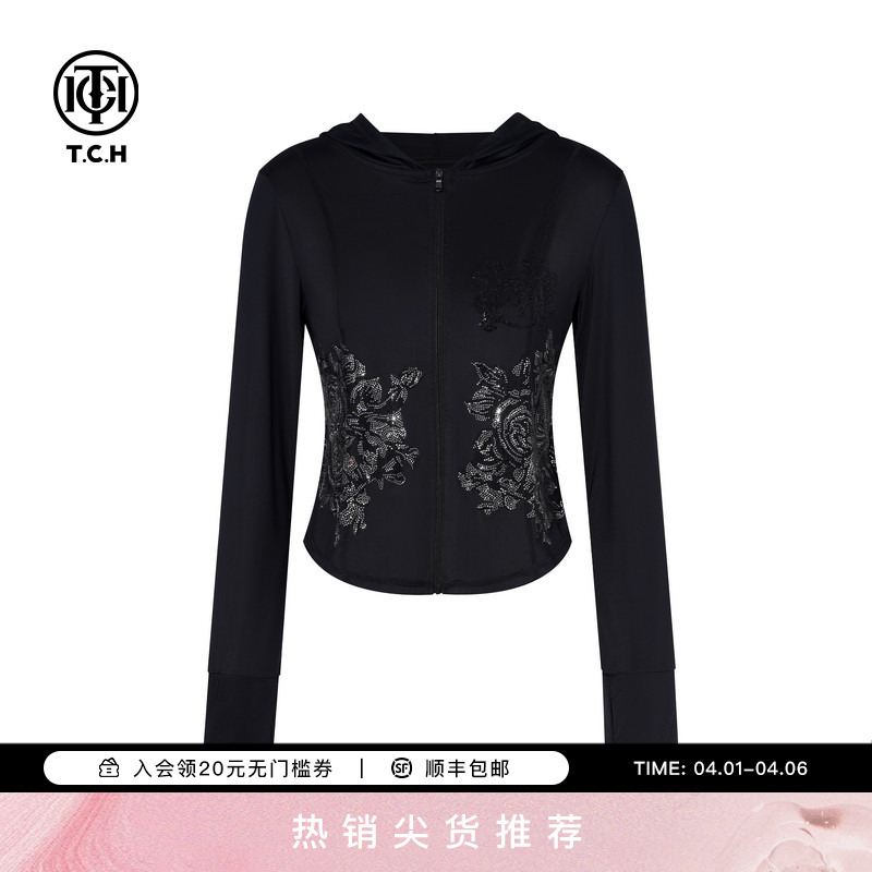 Tch New Chinese Style Series Floral Rhinestone Hooded Sun Protection Shirt T78B27E1003