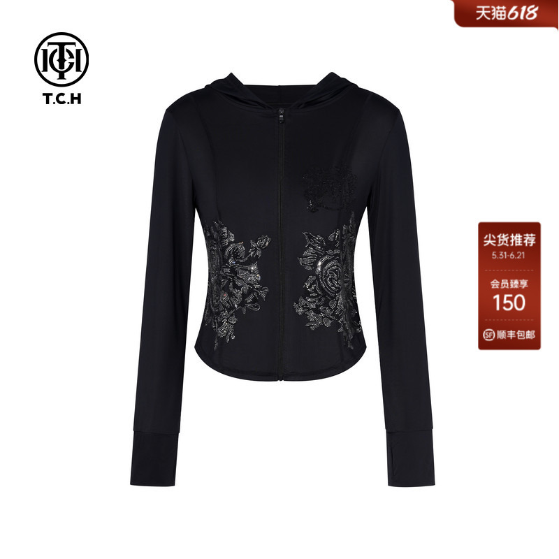 Tch New Chinese Style Series Floral Rhinestone Hooded Sun Protection Shirt T78B27E1003