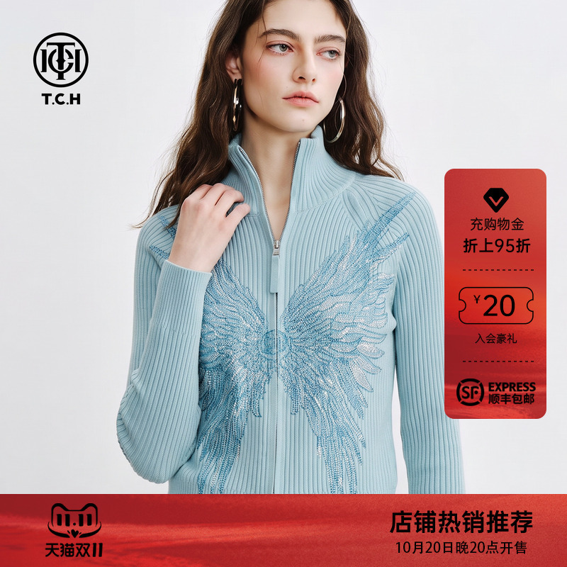 Tch Wings Rhinestone High Collar Knitted Cardigan for Women 2026 Winter New Double Zipper Ribbed Youthful Sweater Jacket Tch Wings Rhinestone High Collar Knitted Cardigan for Women 2026 Winter New Double Zipper Ribbed Youthful Sweater Jacket