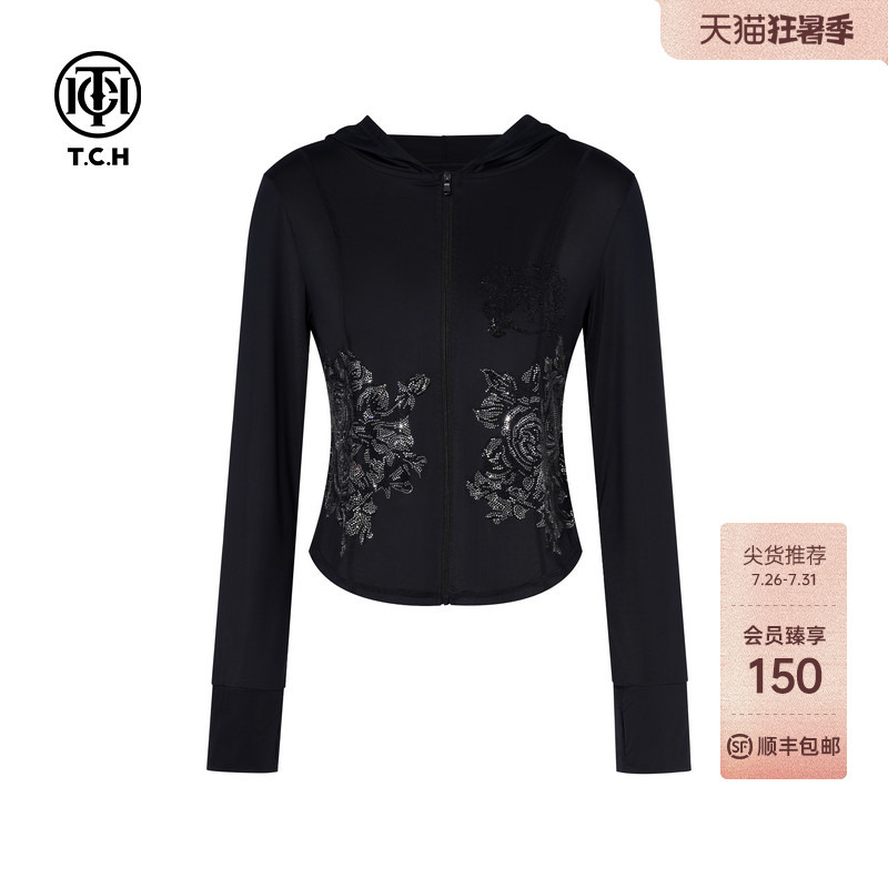 Tch New Chinese Style Series Floral Rhinestone Hooded Sun Protection Shirt T78B27E1003