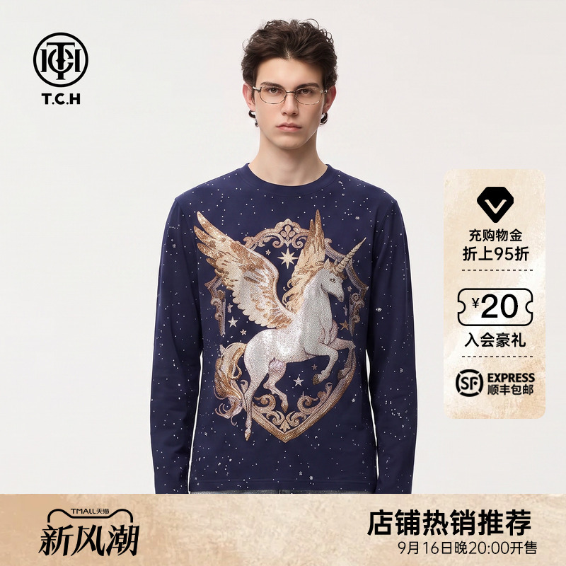 Tch2026 Early Autumn Trendy Street Casual Loose Navy Blue Long-Sleeve T-Shirt for Women with Unicorn Rhinestone Couple Tops Tch2026 Early Autumn Trendy Street Casual Loose Navy Blue Long-Sleeve T-Shirt for Women with Unicorn Rhinestone Couple Tops