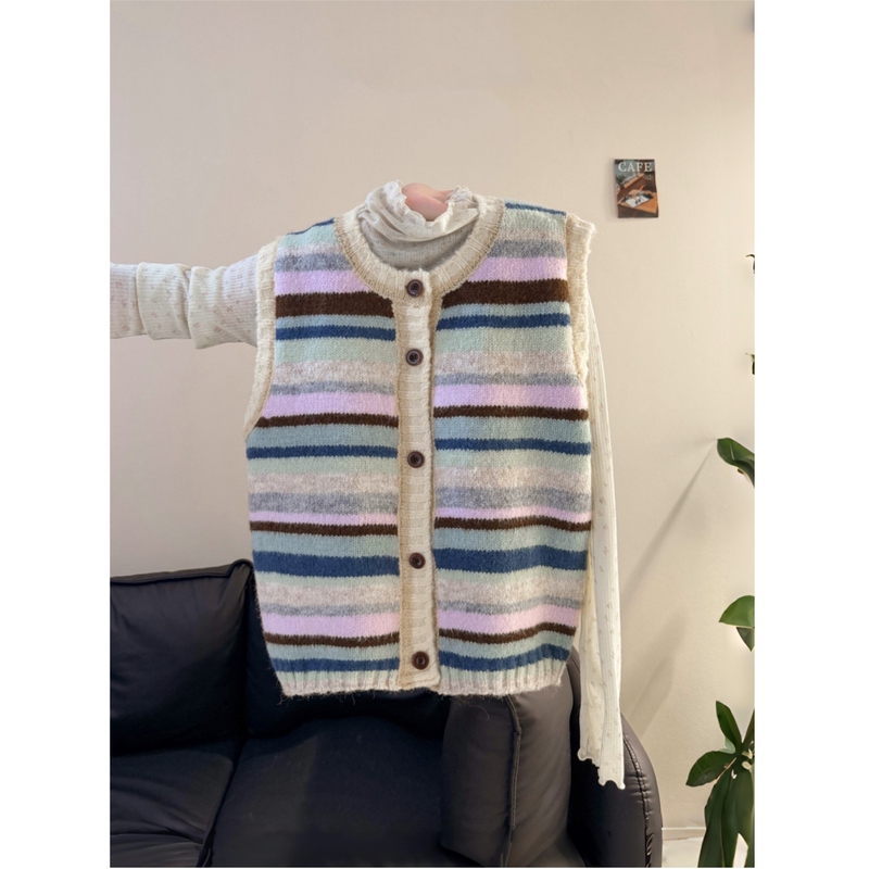 Striped Rainbow Knitted Cardigan Vest for Women, Autumn and Winter Stylish Layered Floral Undershirt