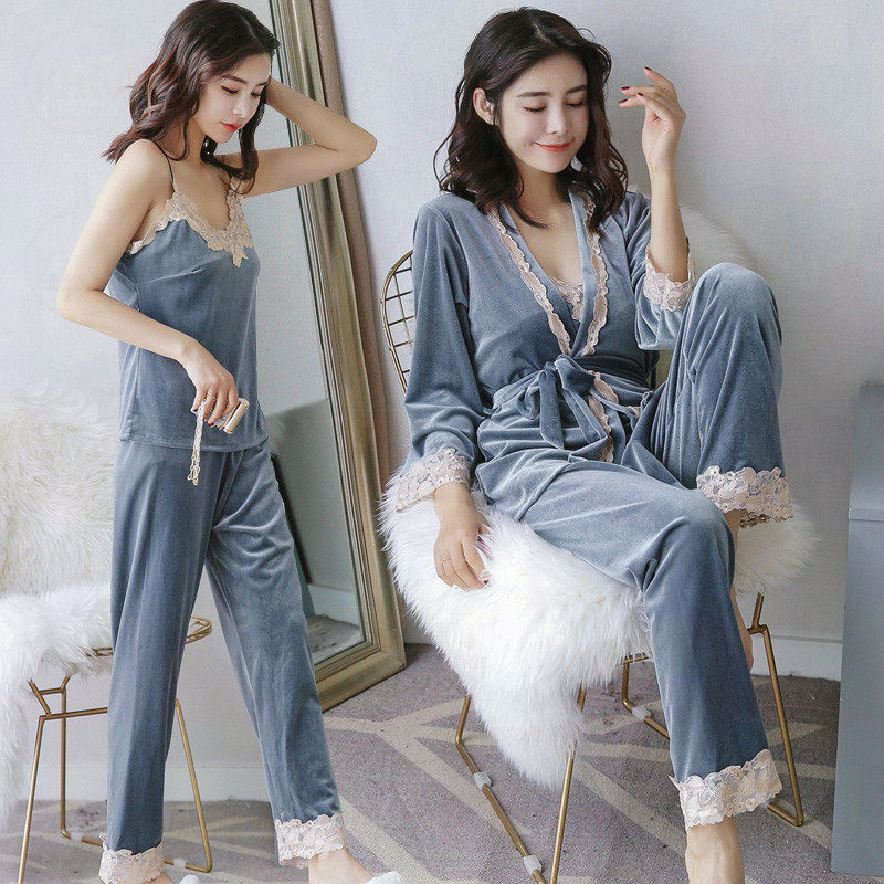 Pajamas women's 2022 new gold velvet spring and autumn three-piece sexy sling homewear suit thin nightgown