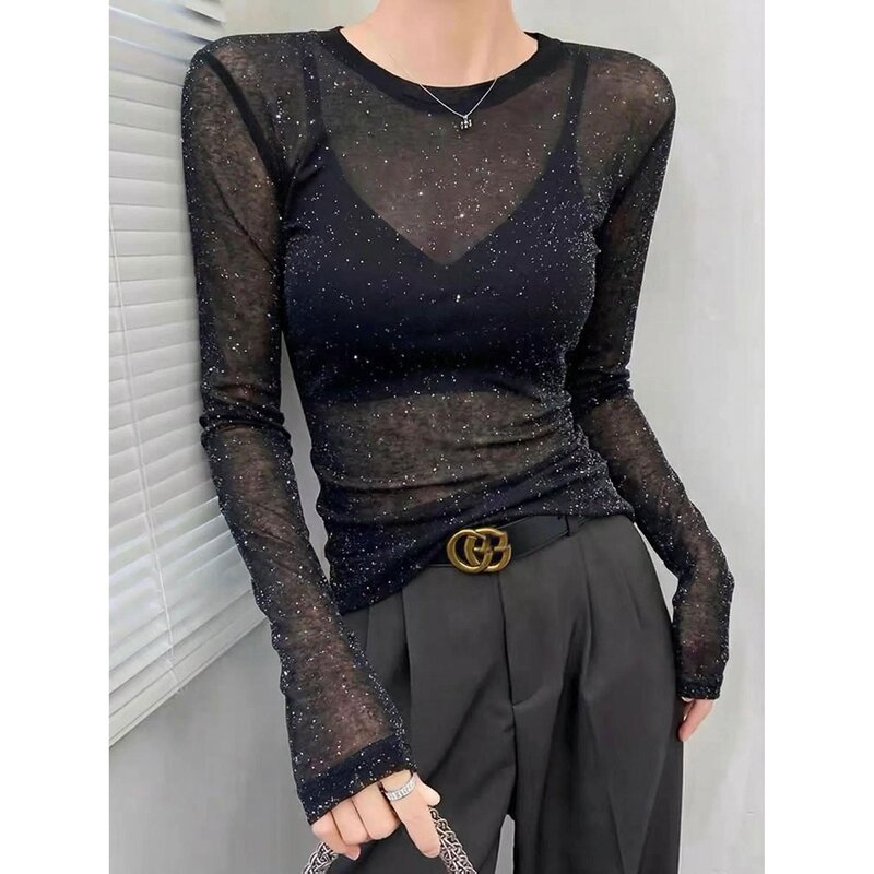 New Style Shiny Starry Sky Sequin Mesh Top for Women, Summer Long-Sleeve Slightly Sheer Slim-Fit Slimming Pure Desire Style Base Shirt