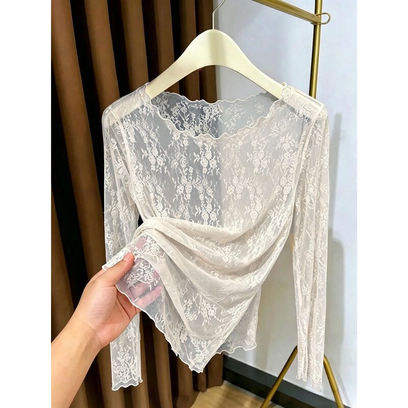 One-Line Neckline Floral Lace Mesh Base Shirt for Women, Gentle Apricot Color, Slim Fit, Layering Inner Wear, Long-Sleeved Top One-Line Neckline Floral Lace Mesh Base Shirt for Women, Gentle Apricot Color, Slim Fit, Layering Inner Wear, Long-Sleeved Top