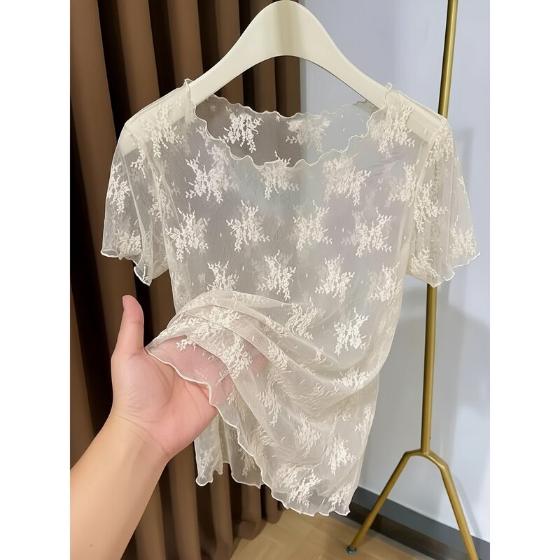Summer New Style Sheer Round Neck Lace Base Shirt for Women, Lightweight Sheer Short-Sleeve Inner Mesh Top