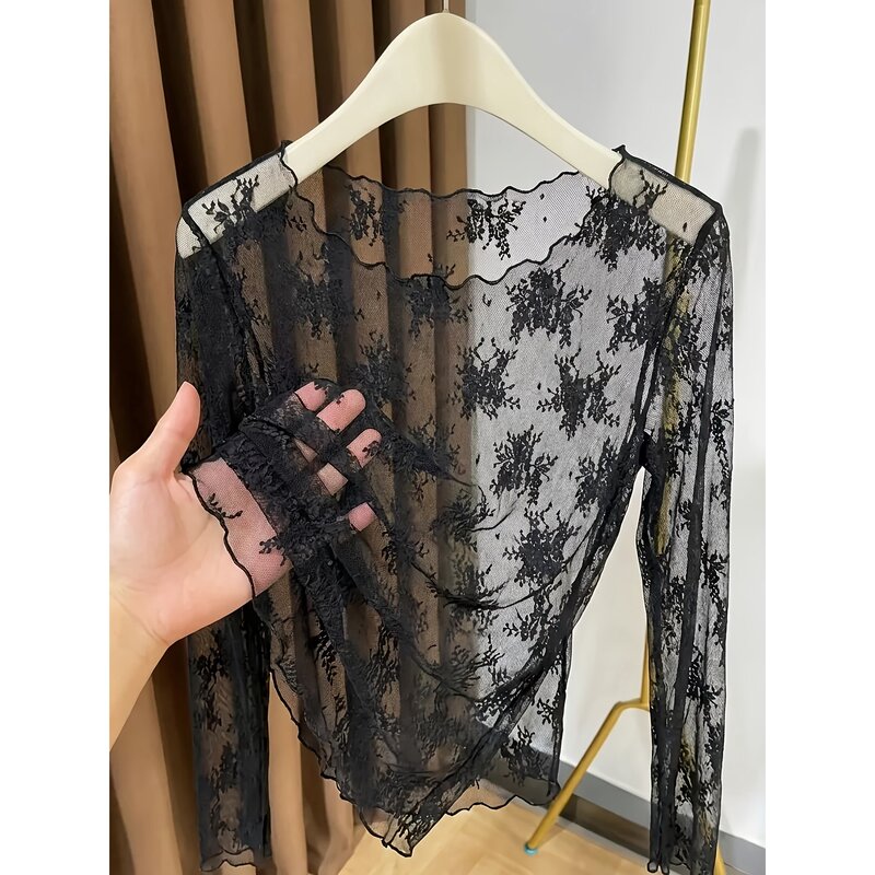 2026 Summer Sheer Round Neck Lace Base Shirt for Women, New Lightweight Sheer Long Sleeve Inner Layer Mesh Top 2026 Summer Sheer Round Neck Lace Base Shirt for Women, New Lightweight Sheer Long Sleeve Inner Layer Mesh Top