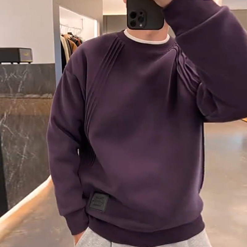 Autumn Winter Heavy Lbs Plus Suede Thickened Necroe Men 2023 New Grindled Wire Strips Design Sense Round Collar Jersey Blouses Man-Taobao