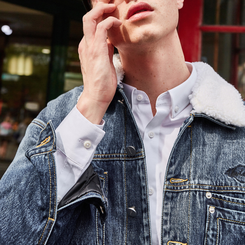 Giải phóng mặt bằng quần jean gxg nam quần áo mùa đông bông nam giới thường cừu len ngắn denim jacket JA107510G thủy triều