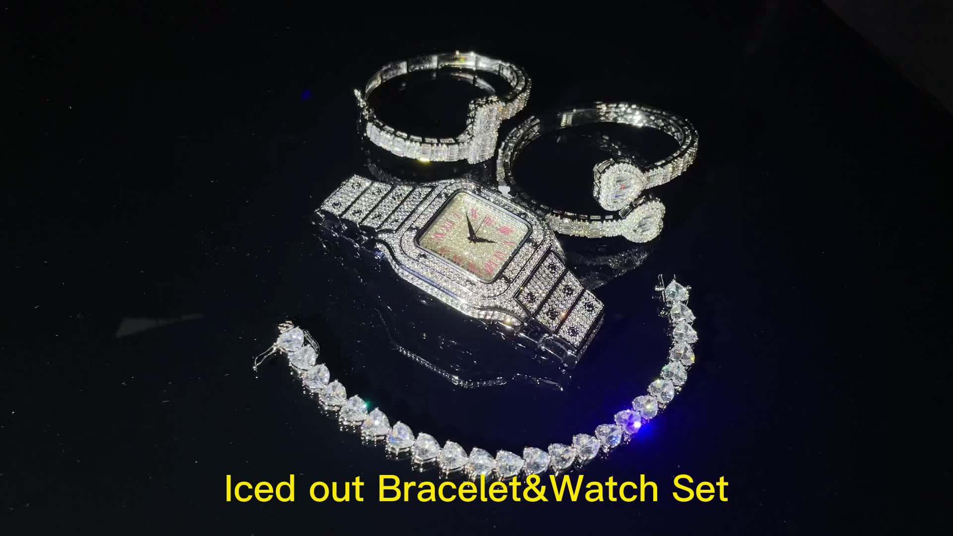 Iced Out Watch Cz Shiny Baguette Bracelet Set Women Hip Hop Bling Bling Bangle Watch Fashion