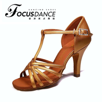 FocusDance Hong Kong focus new ladies competition Latin dance shoes leather T-strap thick soft sole stable cone heel