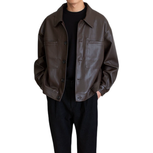 Мужская демисезонная короткая брендовая ретро полиуретановая куртка, в корейском стиле