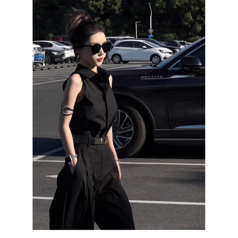Korean Style Black Polo Collar Sleeveless Vest Shirt for Women, Summer Elegant High-Fashion Shirt, Vintage Slimming Top Korean Style Black Polo Collar Sleeveless Vest Shirt for Women, Summer Elegant High-Fashion Shirt, Vintage Slimming Top