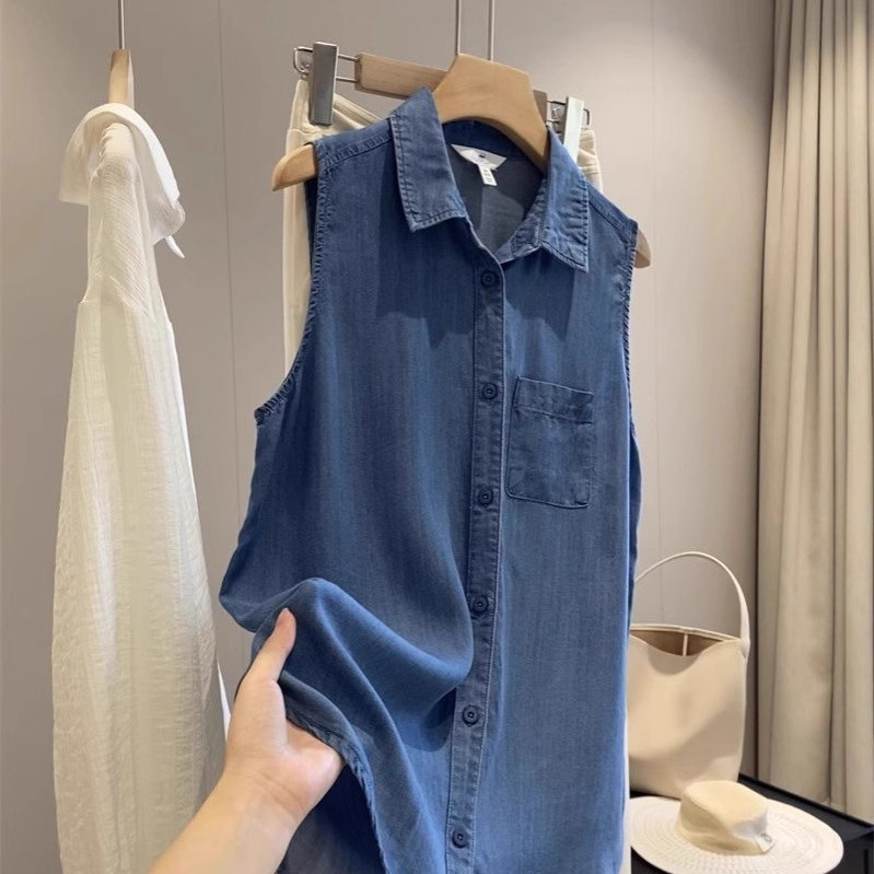 Versatile, Stylish, Minimalist, Thin Polo Collar Tencel Sleeveless Vest Shirt Top