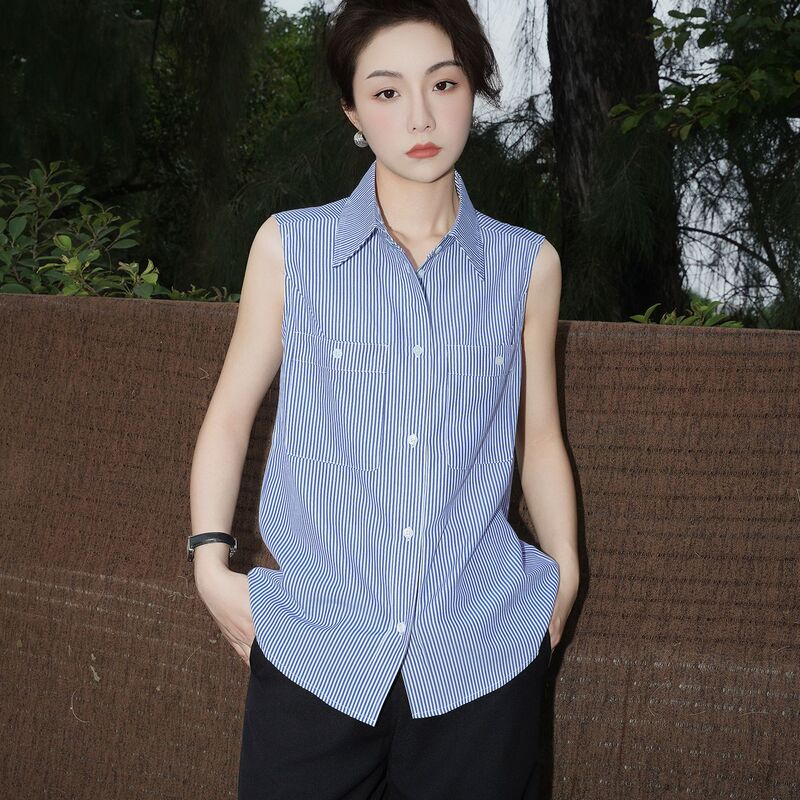 【Sleeveless Shirt】Korean Style Blue Striped Loose-Fitting Elegant Shirt Sleeveless Top for Women