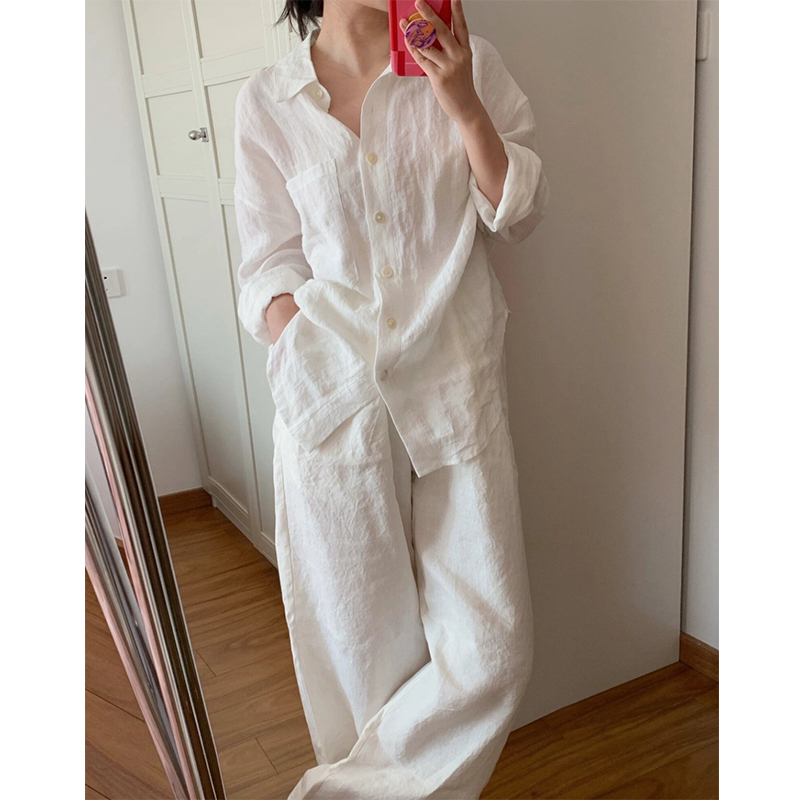 White Cotton and Linen Suit for Women 2026 Summer New Style Simple Casual Lazy Style Versatile Loose Shirt and Long Pants Two-Piece Set White Cotton and Linen Suit for Women 2026 Summer New Style Simple Casual Lazy Style Versatile Loose Shirt and Long Pants Two-Piece Set