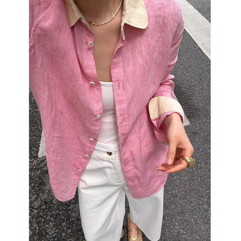 Pink Linen Shirt for Women 2026 Unique and Super Pretty Shirt Loose Fit Slimming Sun Protection High-End Cotton-Linen Long-Sleeve Top