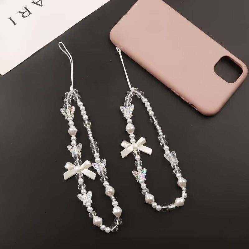 Instagram-style short creative bow phone lanyard, white faux pearl necklace accessory for bags and CCD decorations.