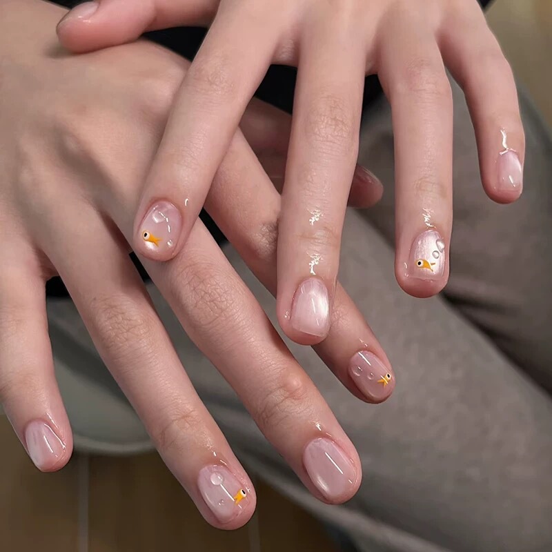 [Charming] Handmade Wearable Nails, Little Goldfish Blowing Bubbles, Cat-Eye Nail Art, Finished Short Fake Nail Patches, Brightening Effect