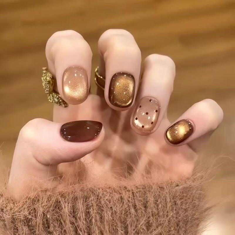 [Charming] Purely Handmade Sparkling Glass Beads Cat-Eye Hazelnut Cocoa Autumn and Winter High-End Whitening Wearable Nails, Removable