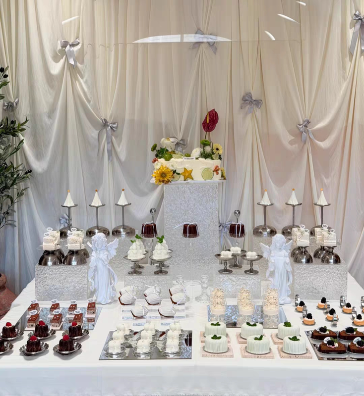 White Korean-Style Orderliness, Old Money Style Dessert Table Display Stand, Silver Dessert Table Setup, New Dessert Stand