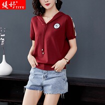 European Station Summer Ice Silk Knit Short Sleeve Sweatshirt Woman Loose Sleeve Hooded Sweatshirt 100 Hitch Foreign Air Casual Blouse Thin