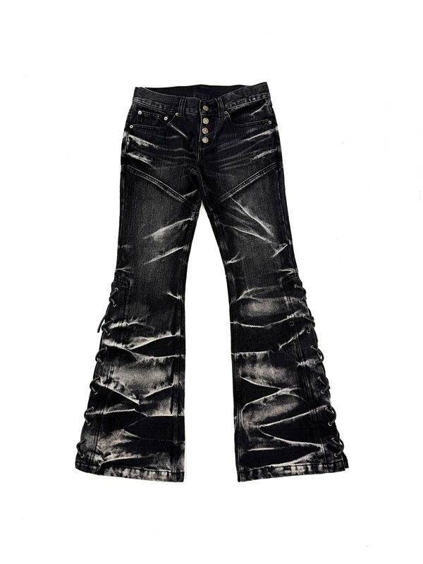 [Exclusive in Stock] Tornadomart Tornado Wind Washed Lightning Pattern Woven Belt Visual Style Jeans